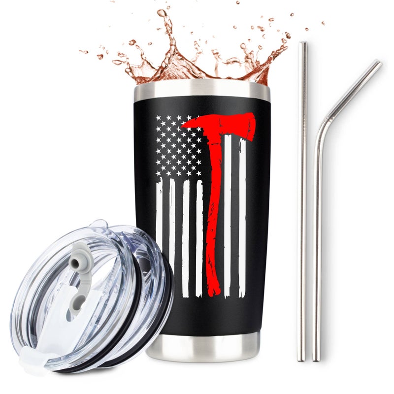 JENVIO Firefighter Gifts for Men | Stainless Steel Travel Tumbler/Mug with Lid for Coffee Cup| Thin Red Line Flag Design for Fireman | Fire Department | First Responder Valentine's Day Gift (20oz Black) - Image 1